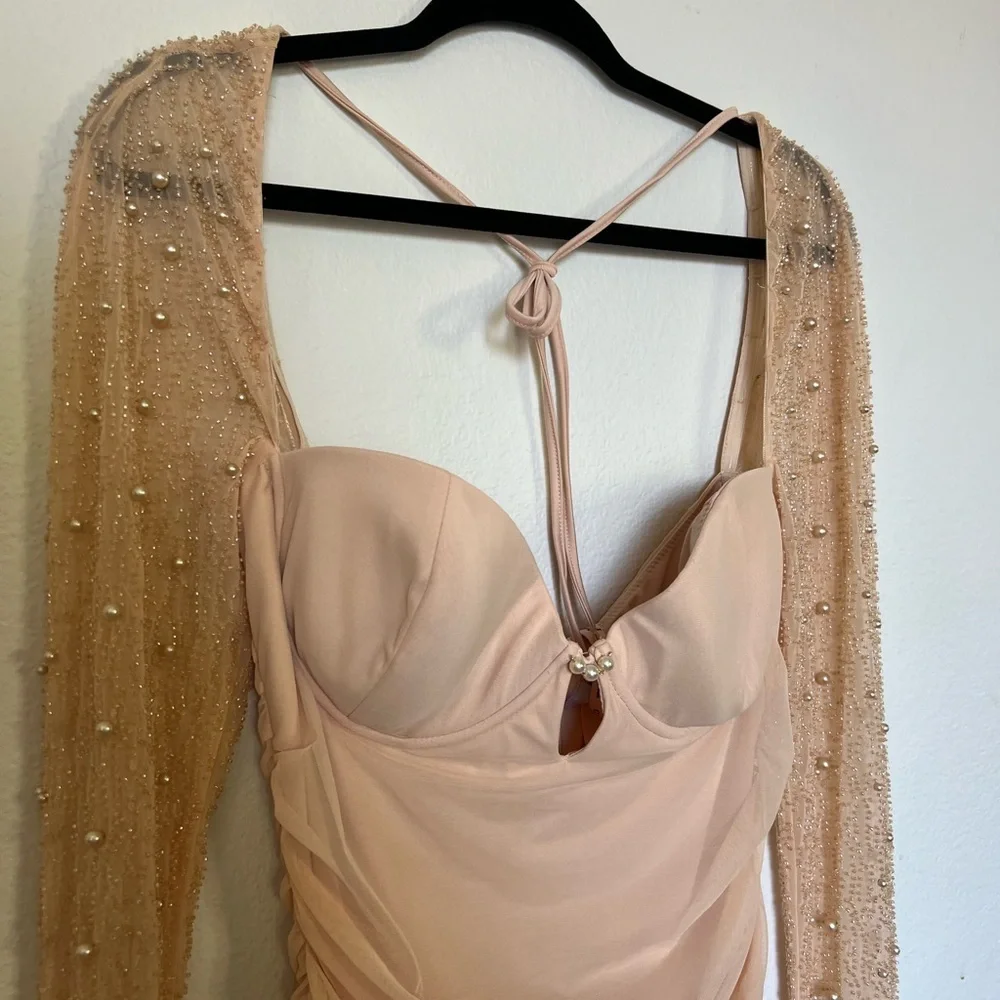 Oh Polly Peach Mesh Ruched Mini Dress - Picture 4 of 7